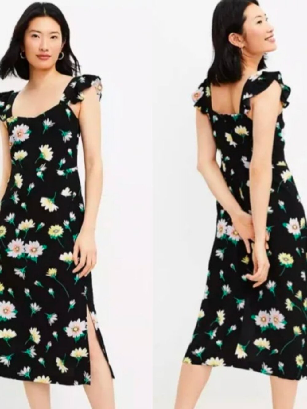 ☀️ LOFT Floral Flutter Sleeve Viscose Midi Dress Size 6 Slit Ruffle